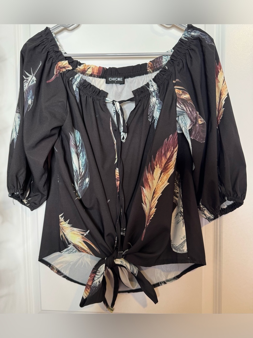chic me Black Feather-Print Tie-Front Peasant Blouse cotton blend long sleeve MD